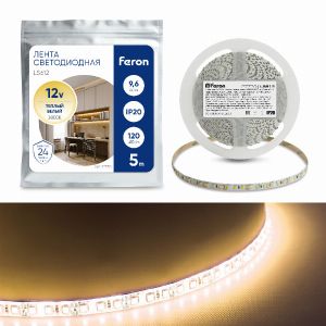 Cветодиодная LED лента Feron LS612, 120SMD(2835)/м 9.6Вт/м  5м IP20 12В 3000К 27730