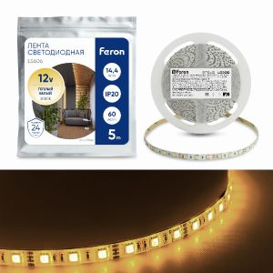 Cветодиодная LED лента Feron LS606, 60SMD(5050)/м 14.4Вт/м  5м IP20 12В 3000К 27646