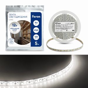 Cветодиодная LED лента Feron LS612, 120SMD(2835)/м 9.6Вт/м  5м IP20 12В 4000К 41448
