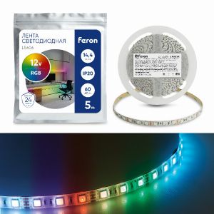 Cветодиодная LED лента Feron LS606, 60SMD(5050)/м 14,4Вт/м 5м IP20 12В RGB 41449