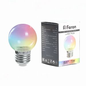 Лампа светодиодная led Feron LB-37 Шарик прозрачный E27 1Вт RGB плавная смена цвета 38132