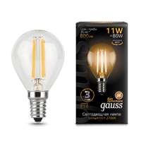 Лампа светодиодная Led филаментная Filament 11Вт шар 2700К тепл. бел. E14 720лм GAUSS 105801111