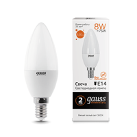 Лампа светодиодная Led Elementary 8Вт свеча 3000К тепл. бел. E14 520лм GAUSS 33118