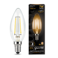 Лампа светодиодная Led филаментная Filament 7Вт свеча 2700К тепл. бел. E14 550лм GAUSS 103801107