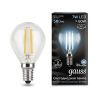 Лампа светодиодная Led филаментная Filament 7Вт шар 4100К нейтр. бел. E14 580лм GAUSS 105801207 Лампа светодиодная Led филаментная Filament 7Вт шар 4100К нейтр. бел. E14 580лм GAUSS 105801207