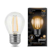Лампа светодиодная Led филаментная Filament 7Вт шар 2700К тепл. бел. E27 550лм GAUSS 105802107