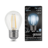 Лампа светодиодная Led филаментная Filament 7Вт шар 4100К нейтр. бел. E27 580лм GAUSS 105802207 Лампа светодиодная Led филаментная Filament 7Вт шар 4100К нейтр. бел. E27 580лм GAUSS 105802207