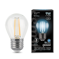 Лампа светодиодная Led филаментная Filament 9Вт шар 4100К нейтр. бел. E27 710лм GAUSS 105802209 Лампа светодиодная Led филаментная Filament 9Вт шар 4100К нейтр. бел. E27 710лм GAUSS 105802209